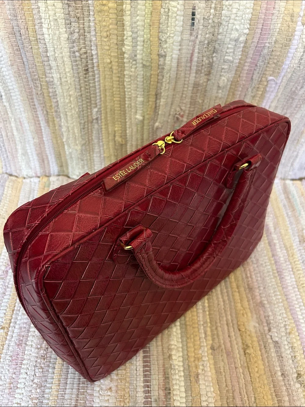 Estée Lauder Red Woven Satchel Handbag Structured Top Handle Purse